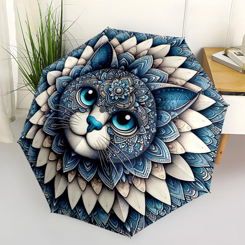 1pc Mandala Cat Art Automatic Folding Umbrella - 8-Rib Iron Frame, Windproof, Portable Sunshade with Plastic Handle for Travel & Outdoor Act