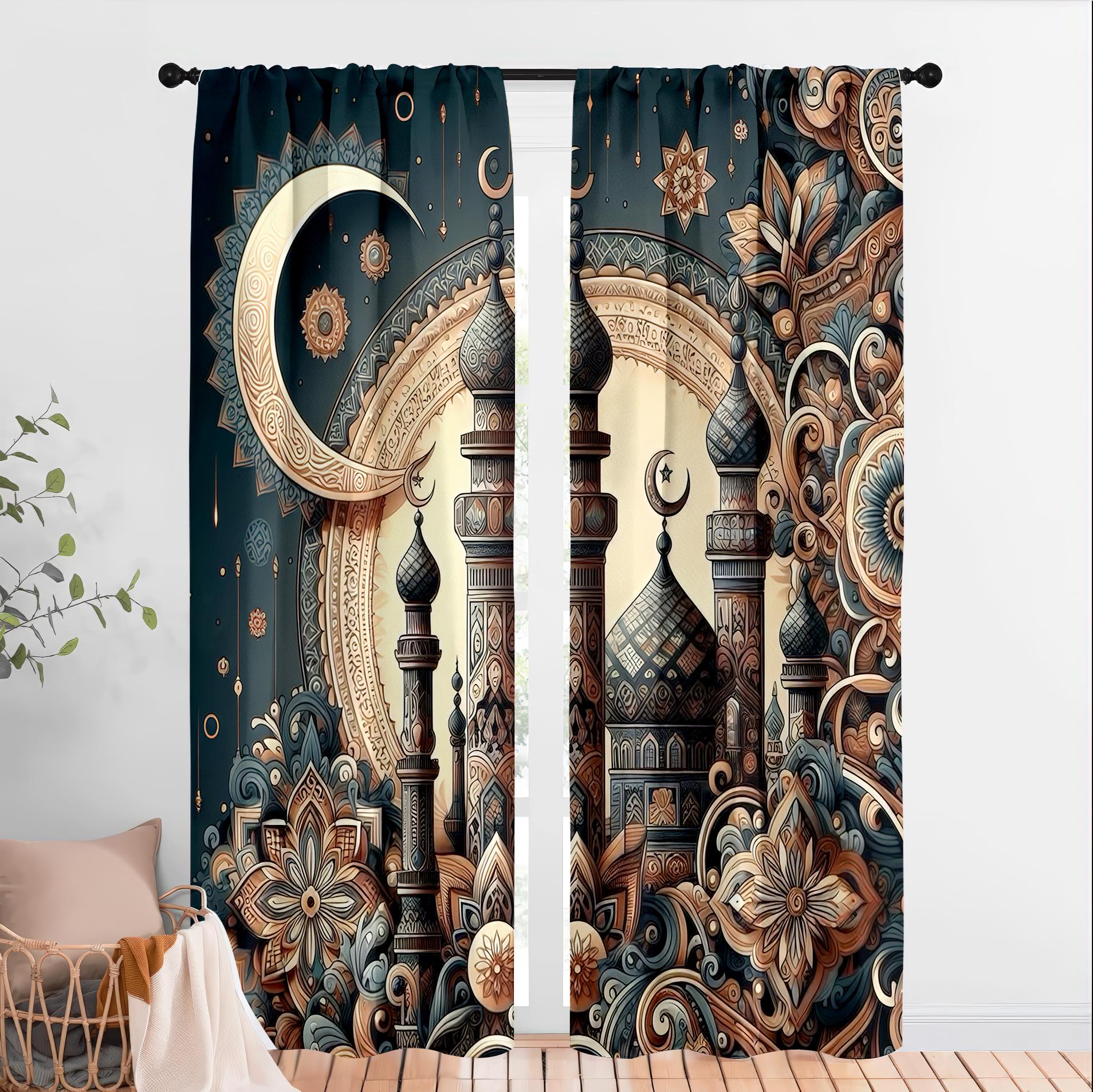 

2pcs Ornate Mosque & Crescent Curtains, Ideal for Ramadan/Eid Window Decor, Exquisite Home Living Room Bedroom Decor 24x59in(60x150CM)x2&Rod Pocket