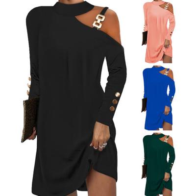 Women Dress Chain Decor One Shoulder Long Sleeve Solid Color Loose Halter Neck Soft Breathable Above Knee Length Mini Dress