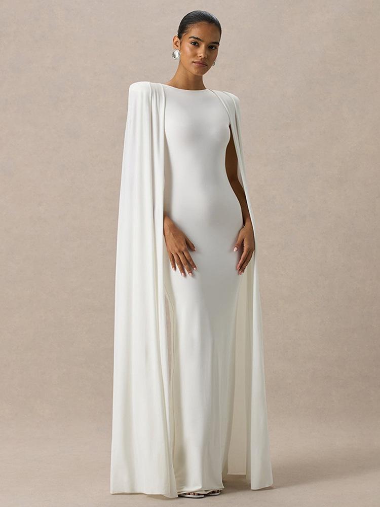 Elegant European Style Autumn/Winter Women's Evening Gown - Solid Color, Pleated, Round Neck, Waist-Cinched Skirt