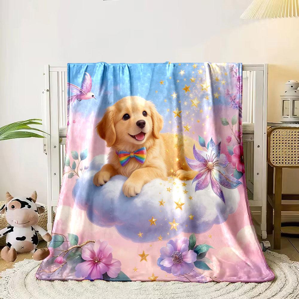 

1PC Dreamy Flower Puppy Print Warm Comfortable Blanket Home Travel Camping for Adults and Kids Suitable for All Seasons 75x90cm