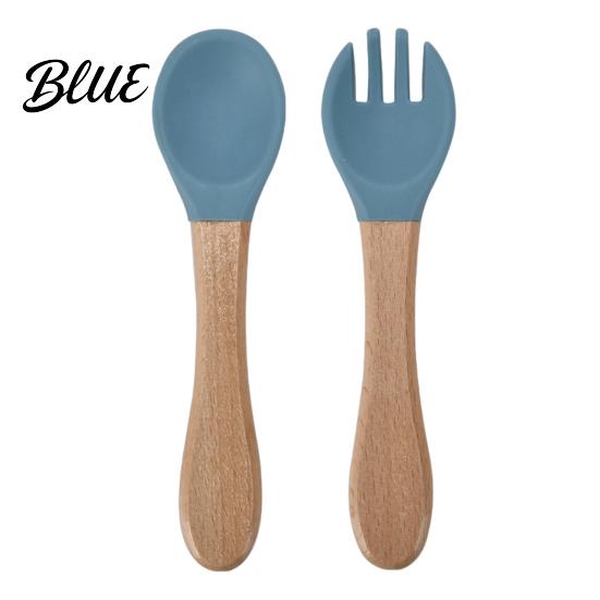 Kids Independent Eating Set Baby Led Weaning Spoon And Fork Set Soft Silicone Utensils Beech Wood Handle with Wooden Handles Toddler Self-Feeding