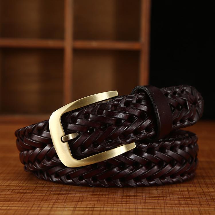 Handmade Woven Leather Belt with Alloy Buckle - Unisex Casual Fashion for Jeans