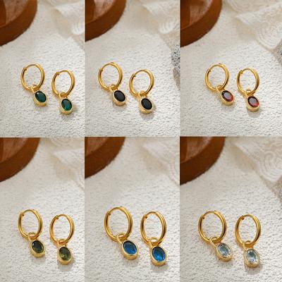 Boucles d'oreilles pendantes créoles huggie en acier inoxydable plaqué or pour femme, avec zircons cubiques multicolores et forme ovale, bijoux tendance pour fête