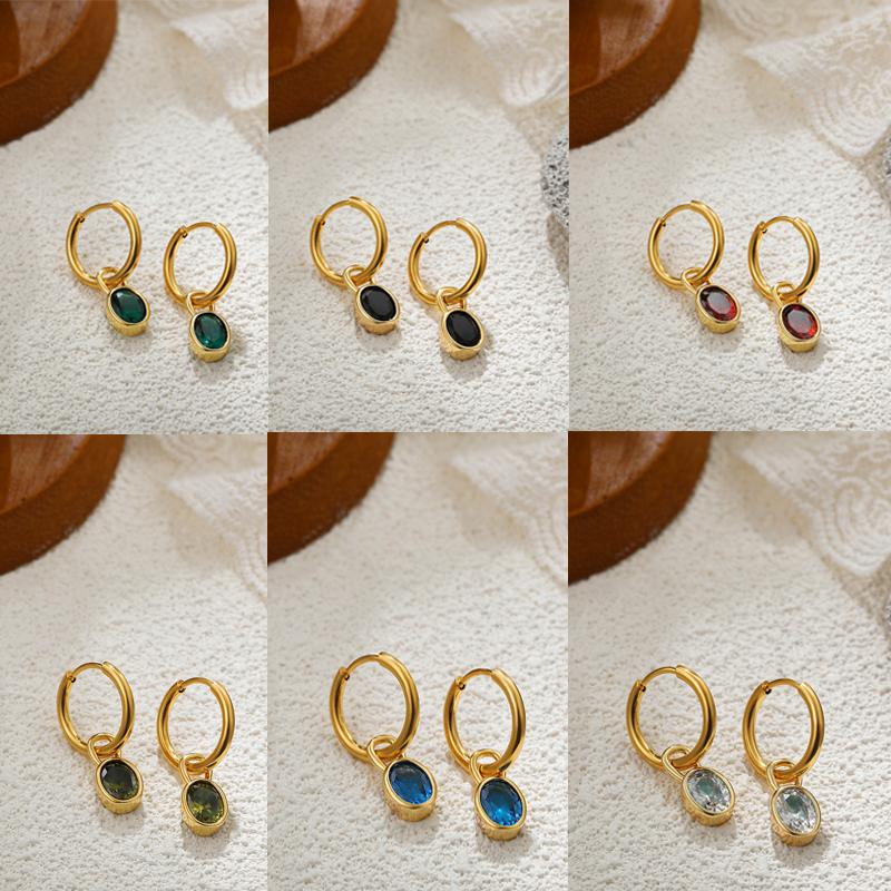 Boucles d'oreilles pendantes créoles huggie en acier inoxydable plaqué or pour femme, avec zircons cubiques multicolores et forme ovale, bijoux tendance pour fête