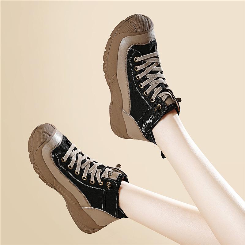 Leder High-Top dicke Sohle Herbst und Winter neu Ein-Pedal Damen Schuhe lässig Sport Rundkopf Schnürung Damen Arbeitskleidung Schuhe