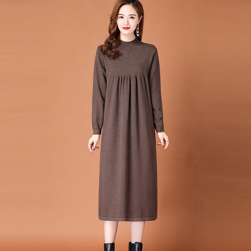 Knitted Dress for Women Loose Mid-length Sweater Long-sleeved Casual Sweater Dress for Autumn and Winter