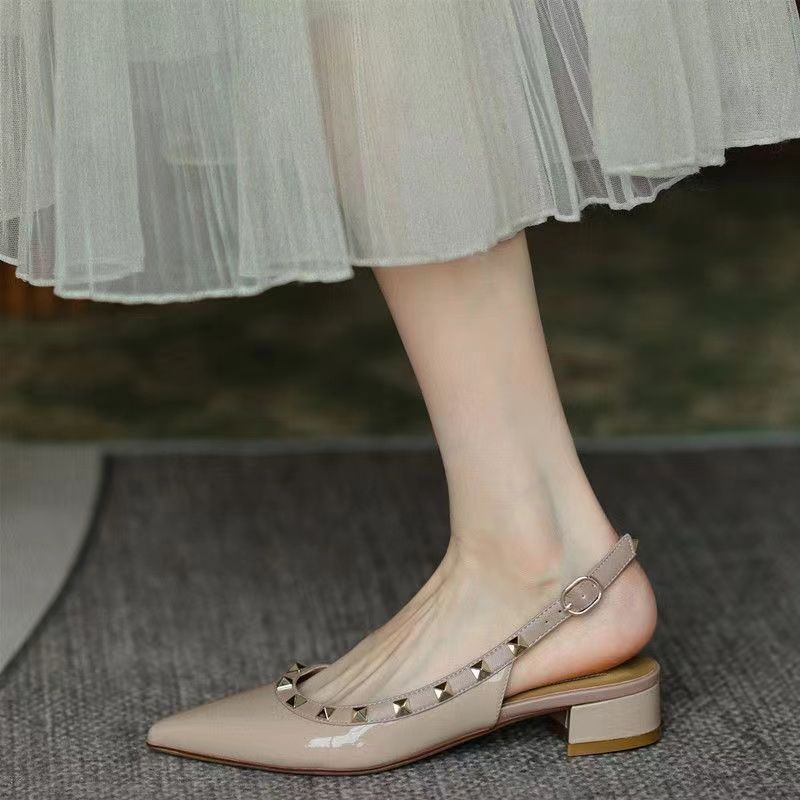 Rivet sandals women's spring 2024 new flat shoes patent leather bag head temperament nude high heels women's shoes pointed single shoes