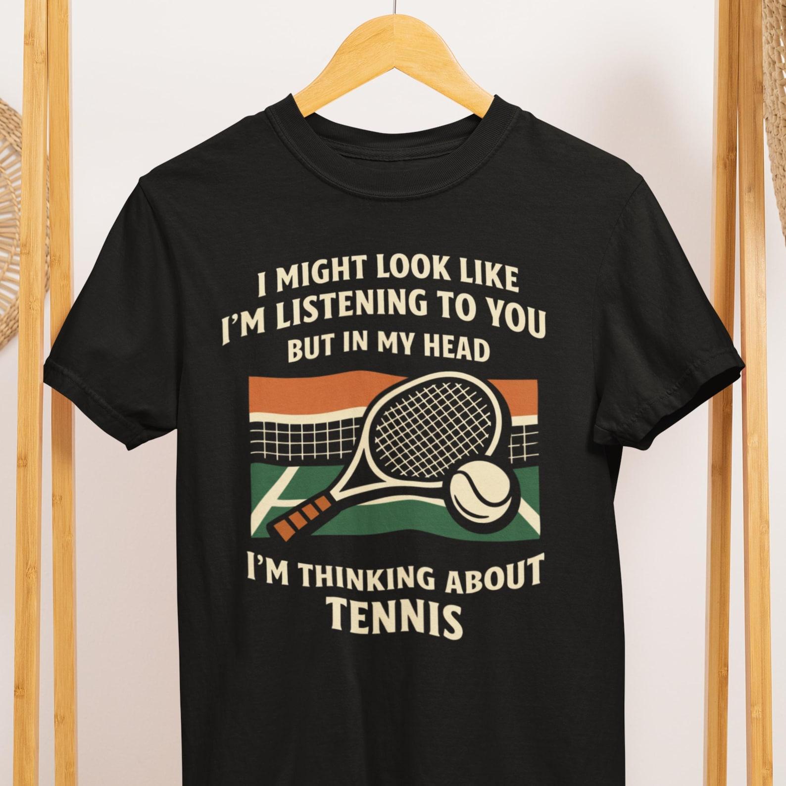 Funny Tennis Player T-Shirt: Thinking About Tennis Graphic Tee 4XL