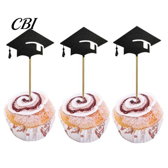 Steife Holzspieß-Topper 6 Stück Abschlusskuchen-Topper, Mini-Abschlusskappen-Cupcake Schwarz Fototauglich Dekoration Glitzer Essen Vorspeisenspieße für die Klasse von
