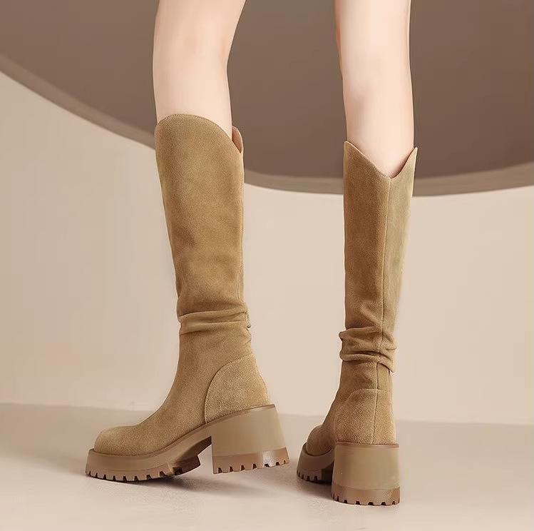 2025 autumn and winter new platform boots women's pleated piled boots retro thick high heels but knee knight boots