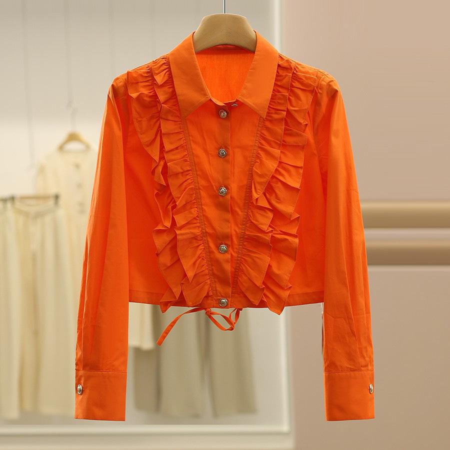 

Osthiawen 100% Cotton Lettuce Edge Slimming Shirt for Fall Large (L) помаранчевий