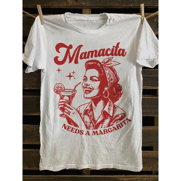 1pc 180g Retro Mamacita Needs a Margarita Graphic T-Shirt - Vintage Mexican-Inspired Unisex Tee with Sombrero & Margarita Print, Breathable Regular S чёрный