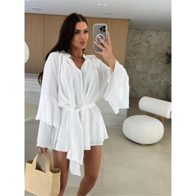 V Neck Irregular Dress Women's Ruffled Sleeve Summer Dress With Tie Elegant For European And American Style