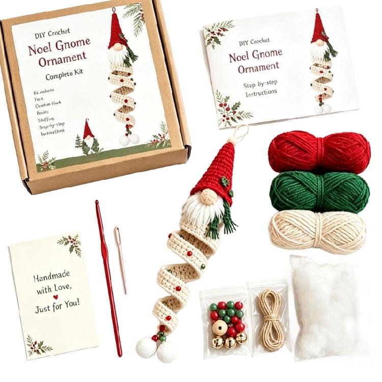 Crochet Dwarf Set with Printed Instructions and Knitting Supplies, Hanging Ornament Making Set for Shelf or Tree Decoration