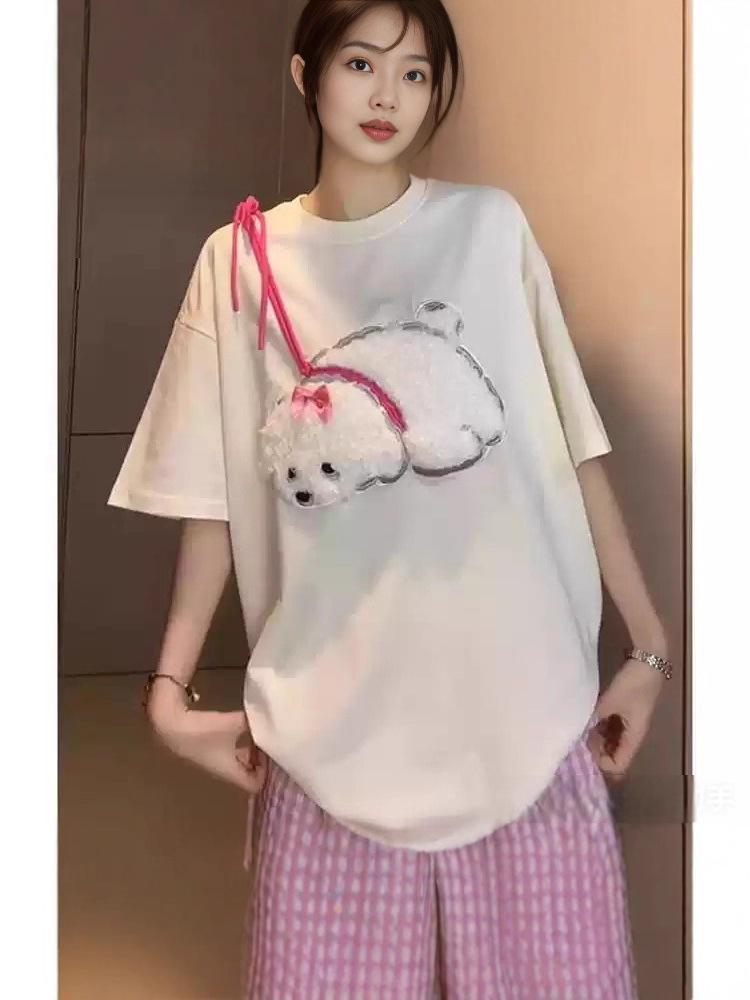 Women's Cute Cartoon Puppy Flocked Short Sleeve T-Shirt - Slimming Summer Casual Top