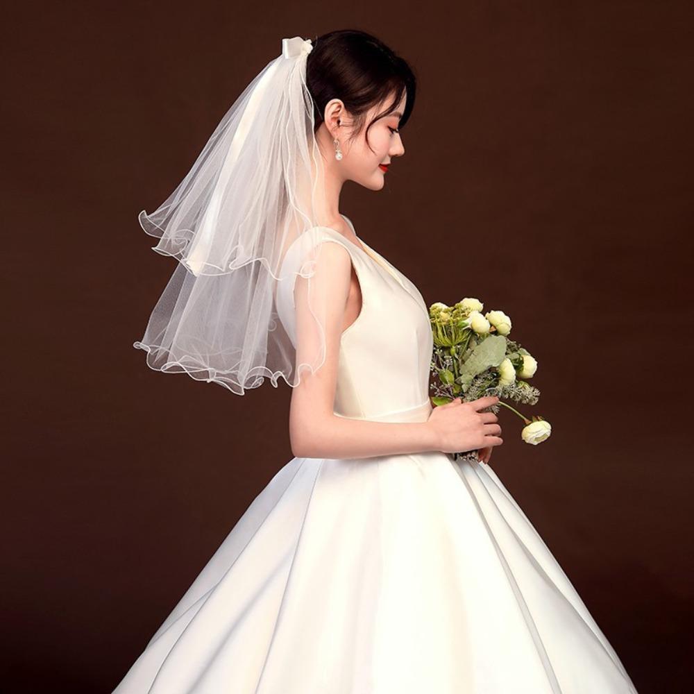 2PCS Elegant Double Layered Headband Bow Tied Wedding Gauze Head Covering Bride's Head Gauze  Party