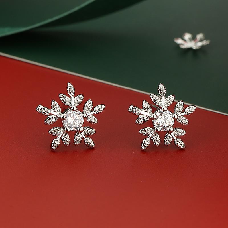 S925 Sterling Silver Reindeer Snowflake Red Earrings - Christmas Series Studs for Women