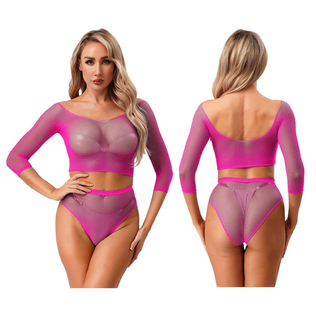 Sexy Women Lingerie Fishnet Top Briefs Set See Through Bikini Cover Couples Role Play Costume Tempting Outfit