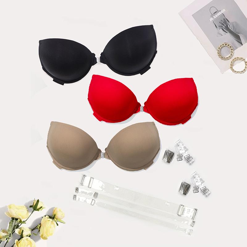 3ks/sada Dámská krajková podprsenka se zapínáním na boku, s tenkou houbičkovou výztuží, průhlednými ramínky a zadním zapínáním, spodní prádlo na šaty a na párty