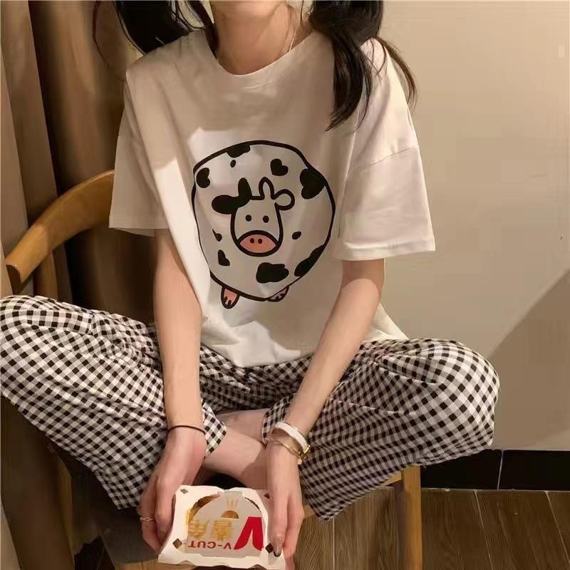 Pajamas women's short-sleeved trousers summer cartoon cute 2 new cartoon spring and summer loungewear suit can be worn outside