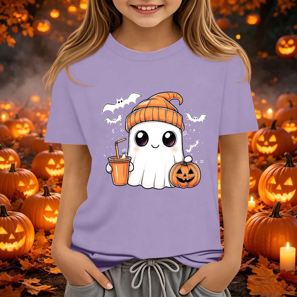 Kids Halloween Printed Short Sleeve T-Shirt Loose Fit Round Neck Casual Tee