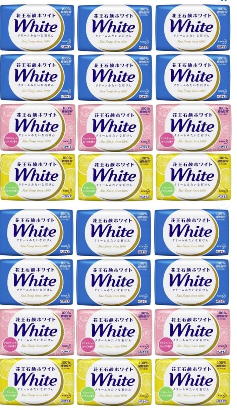 Kao White Solid Soap 3 Bulk Pack of 24 Floral x Aromatic Rose x Refreshing Citrus x 130g, Scents, (White 12, 6, 6)