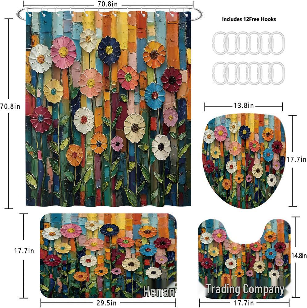 Künstlerisches Duschvorhang-Set im Ethno-Stil: Bunte Blumen & Pinselstrich-Blätter