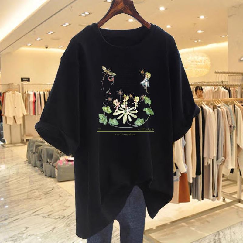 Women's White Summer Casual Loose Fit Pure Cotton Printed Short-Sleeve T-Shirt Undershirt