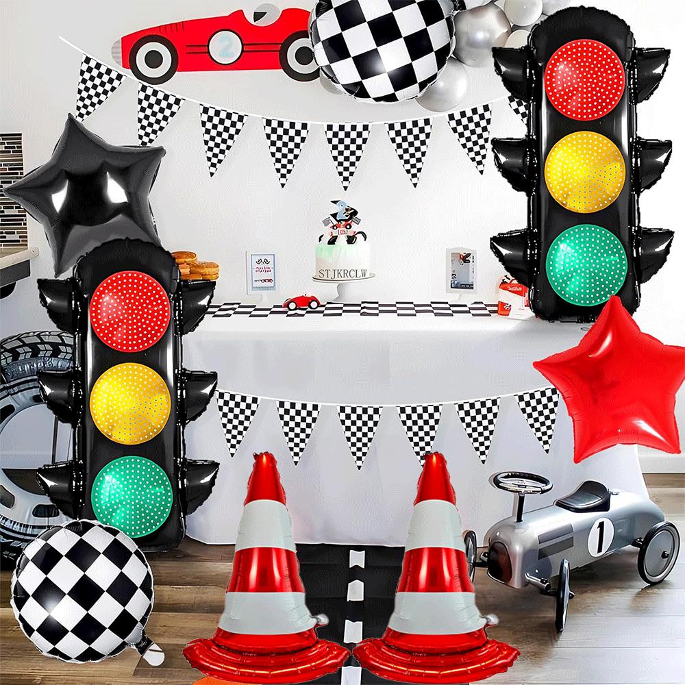 Racing Theme Party Decor Black and White Plaid Wheel Foil Balloon Sport Car Traffic Light Balloon Birthday Racing Party Supplies