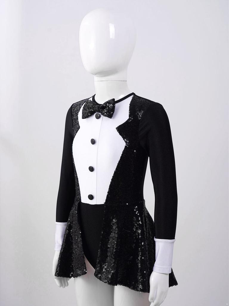 Dívčí flitrovaný leotard s dlouhým rukávem, kulatým výstřihem, patchworkovým designem a zapínáním na zip, flitrovaný klobouk fedora, převlekový kostým