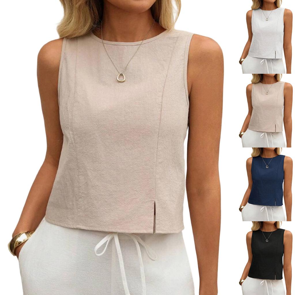 Women's Casual Fashion Round Neck Sleeveless Side Slit Cotton Linen Vest Shirt Top