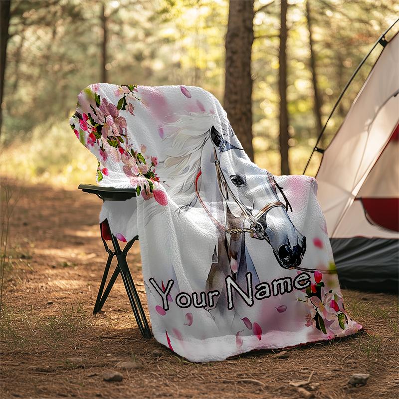 1PC Custom Name "Cherry Blossom Horse Dream" Outdooor Flannel Blankets Patterns Throw Blanket All-Season Soft Gift for Couch, Bed, Camping Gifts