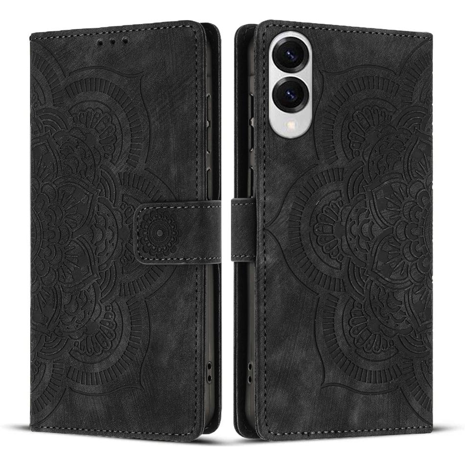 

For Samsung Galaxy S25 Edge Leather Case WANLONFENG HDM Series Mandala Imprint Wallet Stand Phone Cover Black