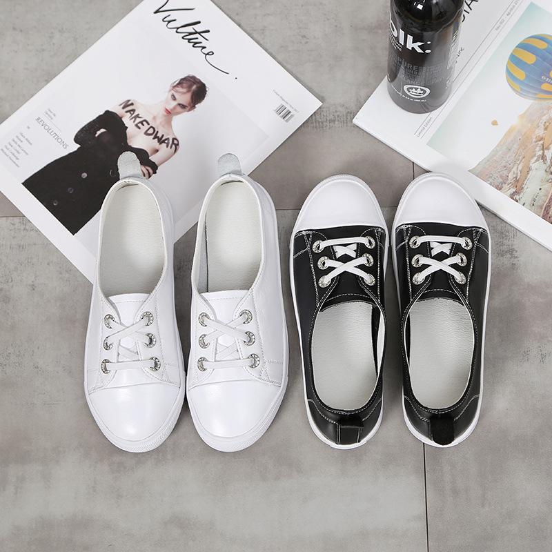 2025 Korean Style Women's White Genuine Leather Flat Casual Shoes