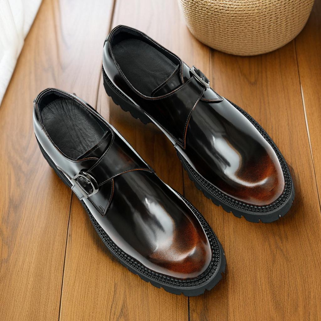 Men's Shiny Patent Leather Slip-On Height-Boosting Monk Shoes - Thick Sole Formal Casual Wedding Footwear