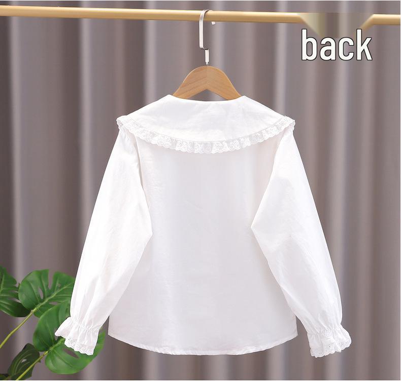 Girls' 100% Cotton White Long-Sleeved Shirt with Doll Collar - Spring/Autumn Style for Older Children