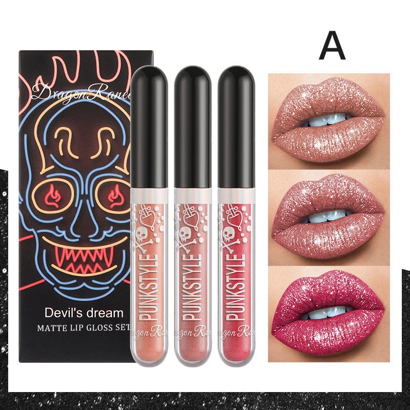 Halloween Three-piece Sequin Lip Glaze Box Non-stick Cup Lipsticks Glitter Pearl Stage Lip Gloss Set Is Perfect for Parties