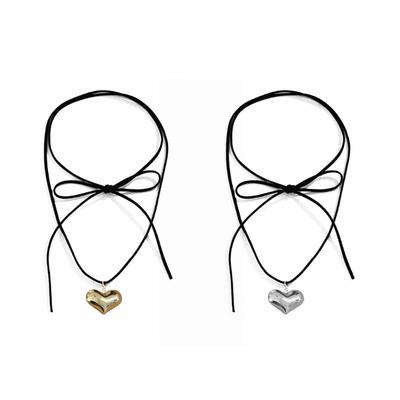 Goth Black Rope Big Heart Pendant Choker Necklace for Women Elegant Weave Knotted Bowknot Adjustable Chain Jewelry