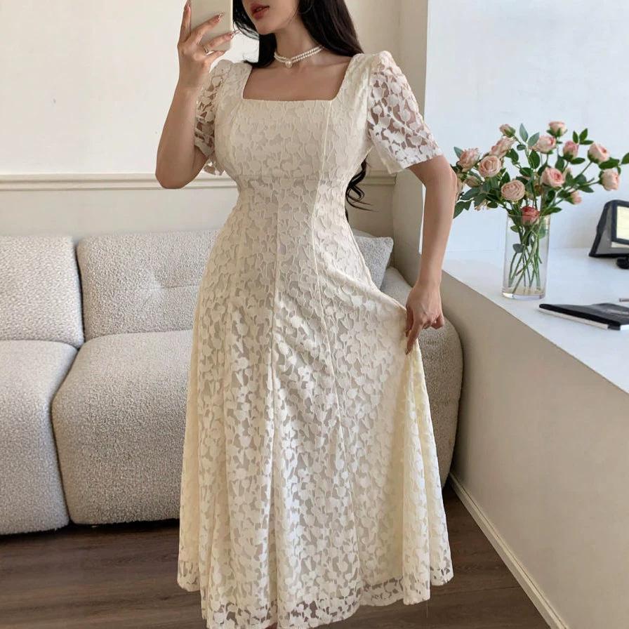 2026 European and American women's clothing women's tulip pattern square collar short-sleeved medium and long skirt summer banquet