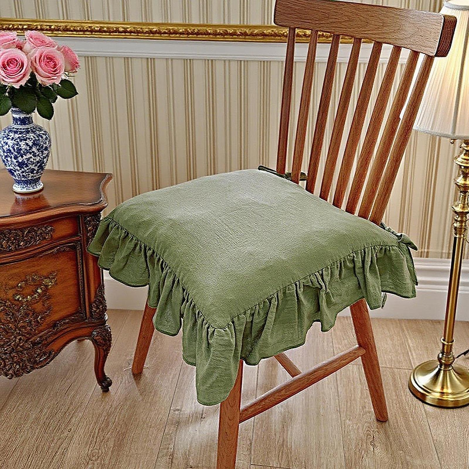 

Retro Chair Cushion Decorative Square Seat Pad with Ruffles and Ties for Dining or Office Chairs зелений