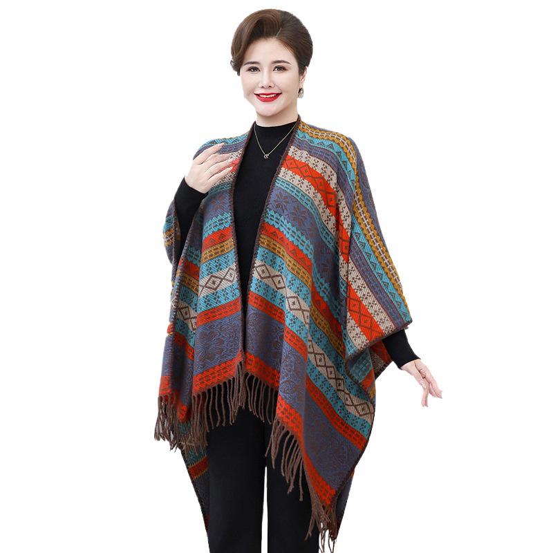 Damen Übergröße Geometrischer Ethno-Stil Gestrickter Gestreifter Schal (2025)