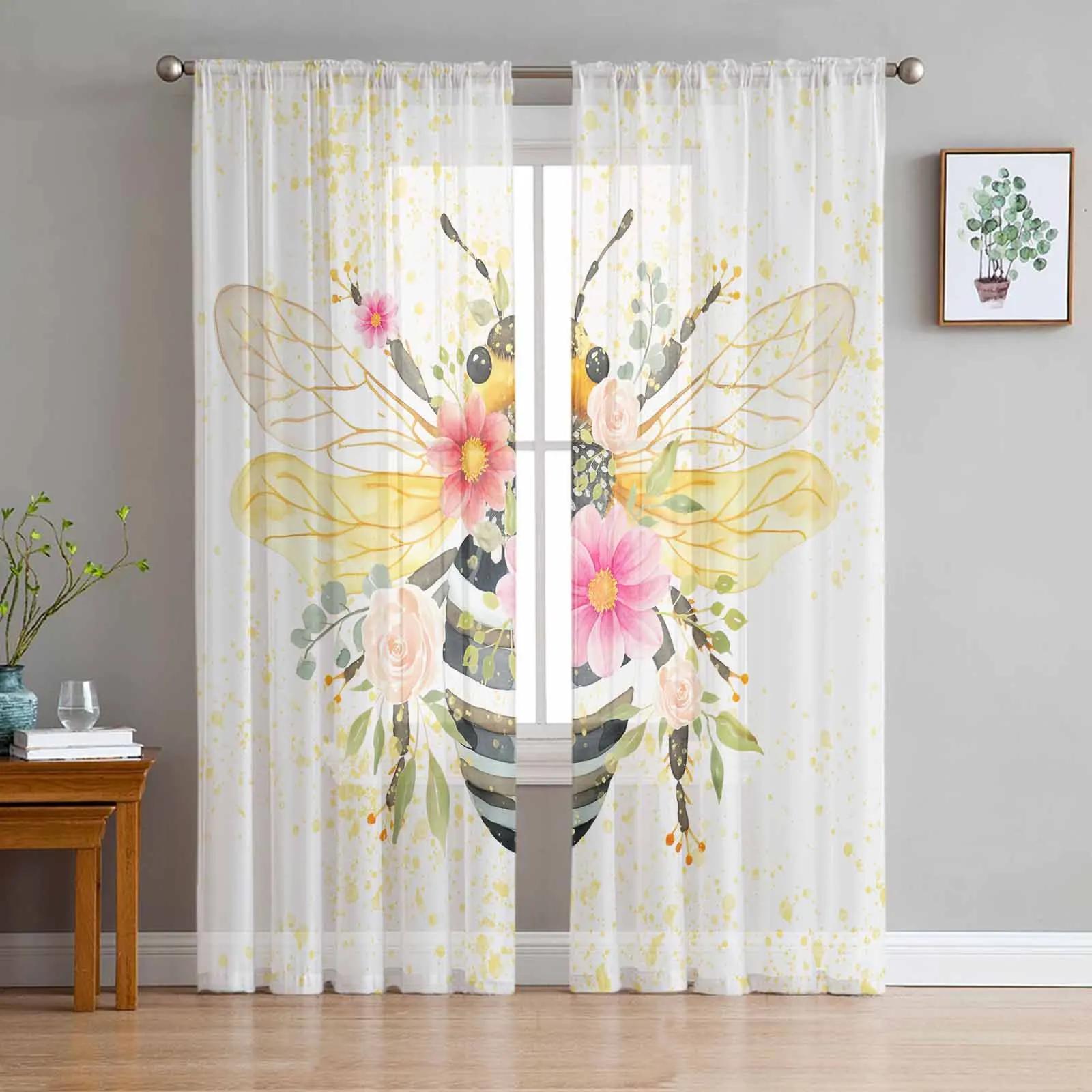 

Plaid Bee Insect Geometry Transparent Curtains for Bed Chamber Living Room Decoration Window Panel Curtain Cooking Area Soft Tulle Sheer Fabric W135 x H115cm x1&Grommet Top