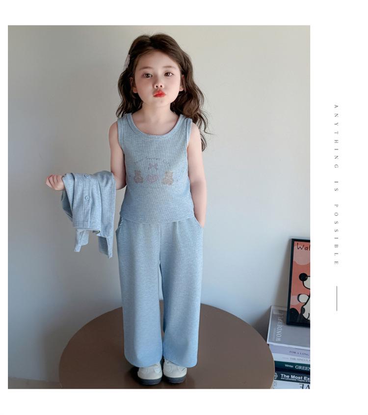 2025 Autumn Girls' Korean Style Three-Piece Set: Teddy Bear Cardigan, Knitted Sweater Vest, and Wide-Leg Pants
