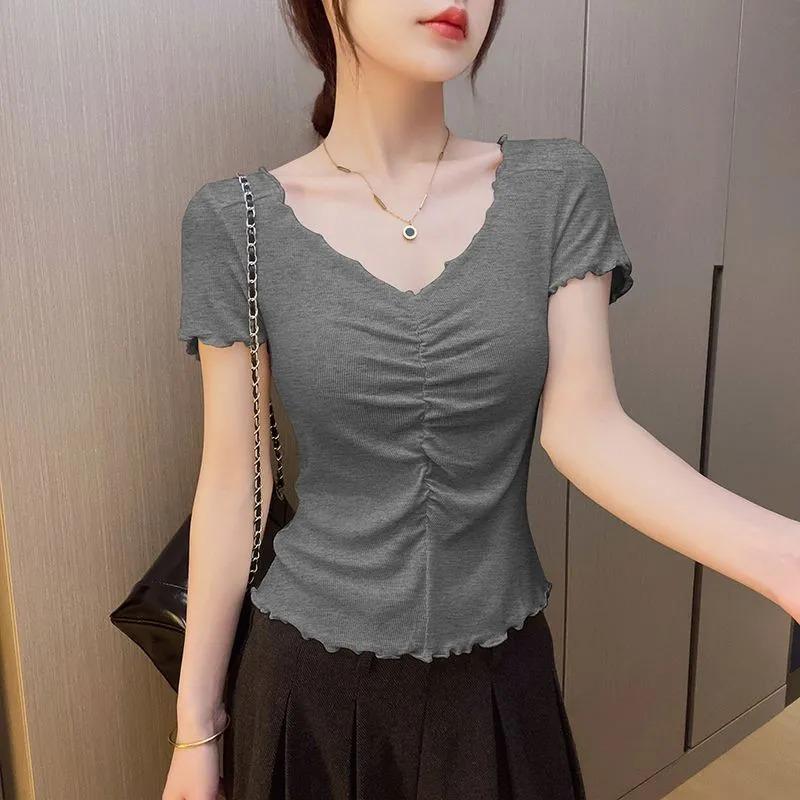 Damen gerafftes V-Ausschnitt T-Shirt Kurzarm Rüschenbesatz Slim Fit Lässiges Oberteil Einfarbig