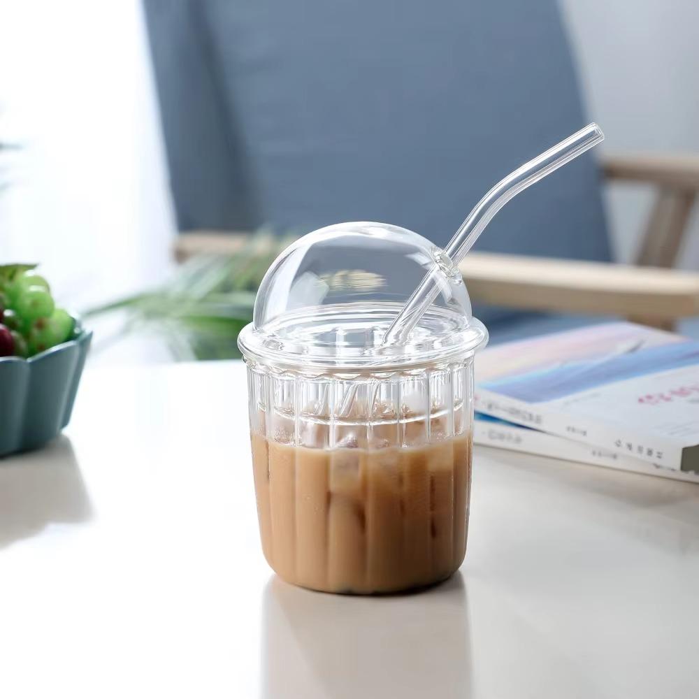Clear Glass Straw Cup Dome Lid Drinking Cup Drinkware Milk Tea Cup  Coffee