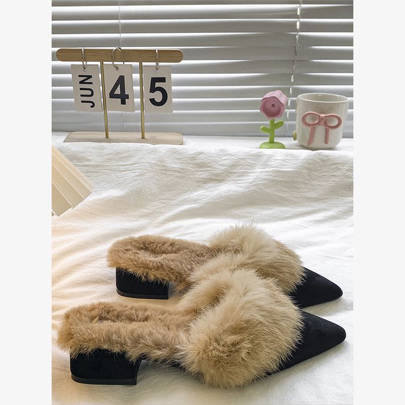 Daily cotton slippers one pedal pointed sweet Japanese season fluffy soft bottom bag head half slippers