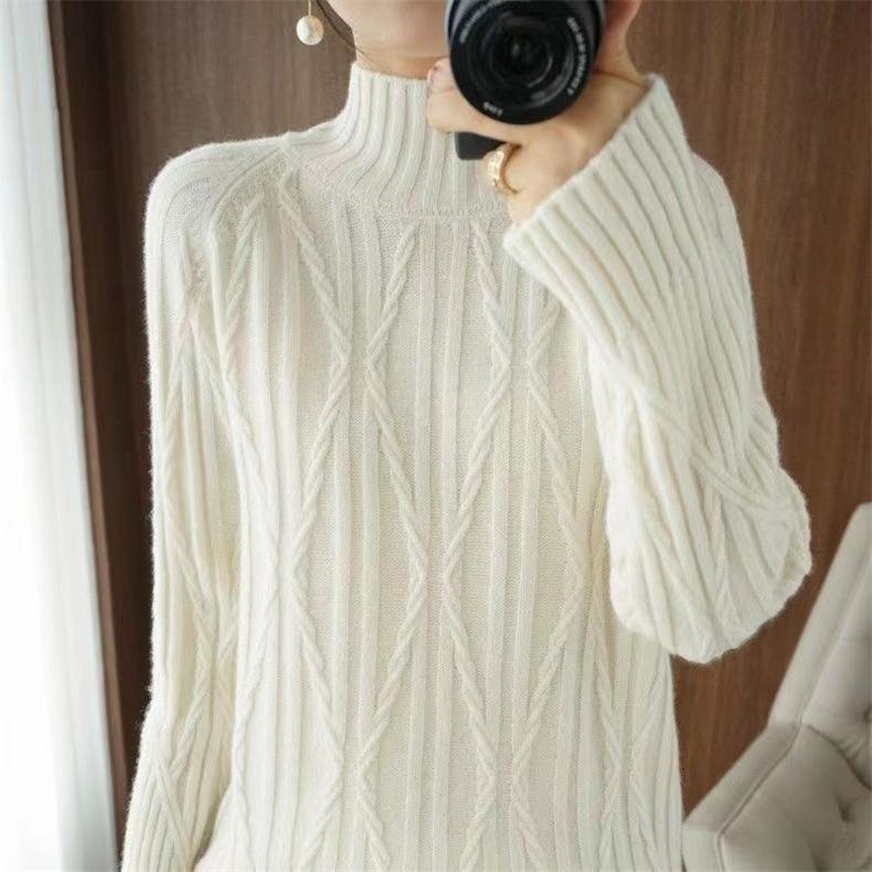 Cable Knit Sweater Women Autumn Winter Semi High Neck Korean Loose Solid Thick Outerwear Knit Top