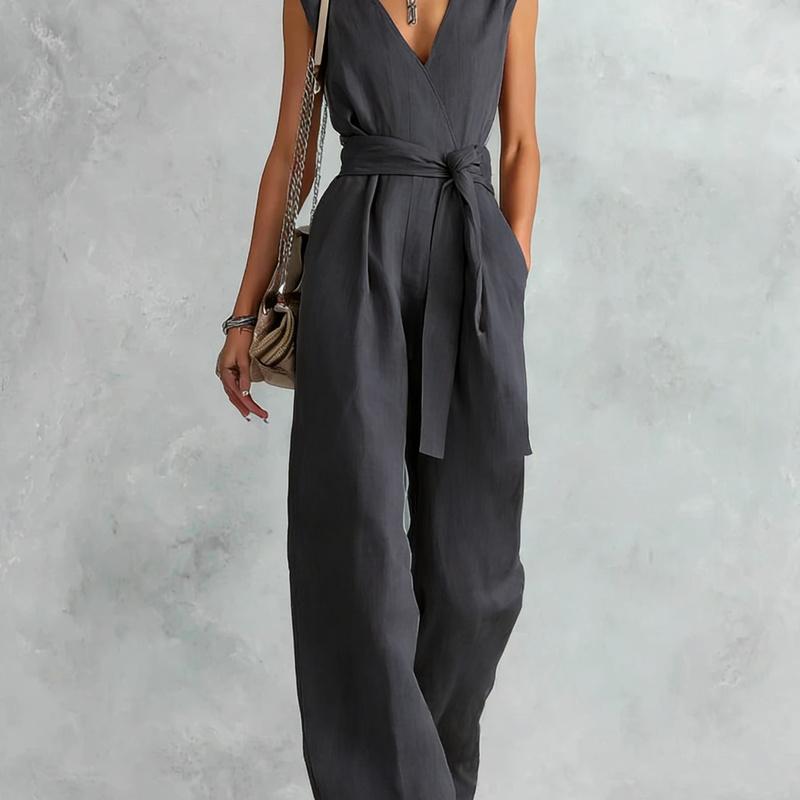 Spring and Summer European Style Women Clothing V-Neck Sleeveless Jumpsuit