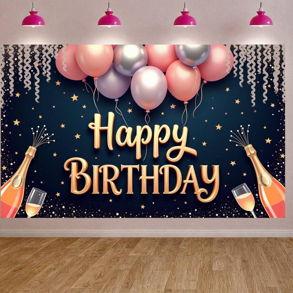 Sparkle Background Champagne Glasses Birthday Display Cheers Display Pink Balloons Party Backdrop For Women's Gathering Festive